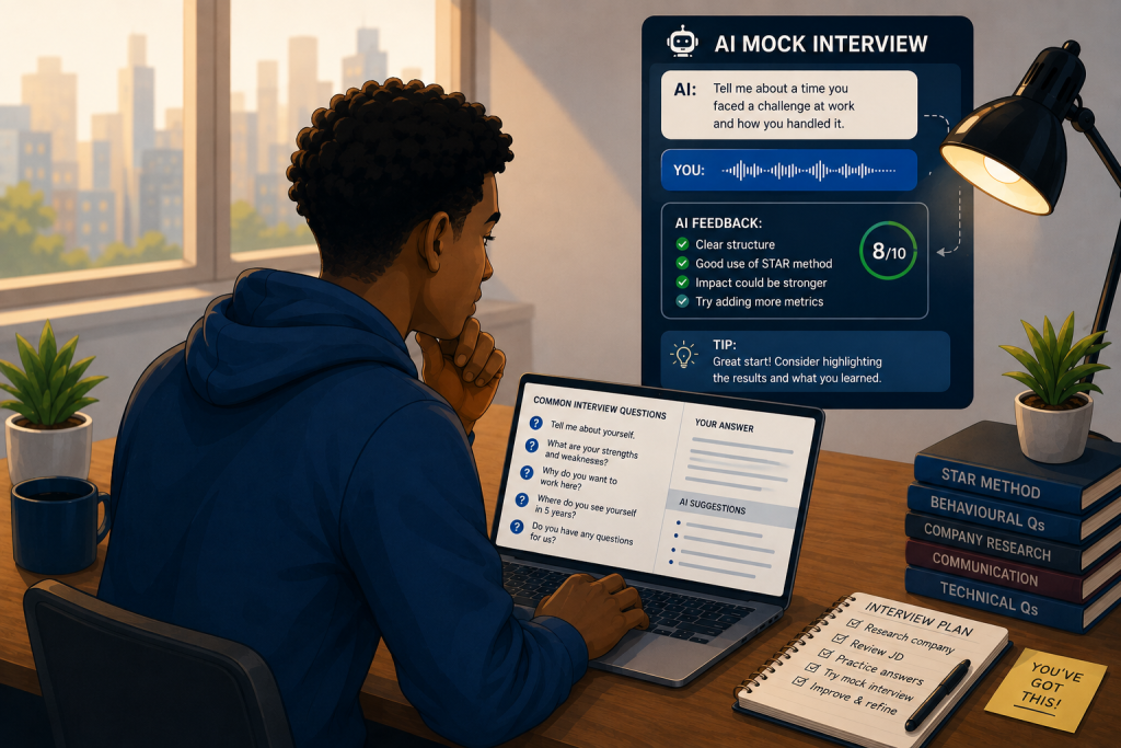 Young professional using AI to practise for a job interview with mock interview questions and feedback